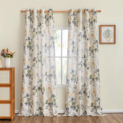 MYSKY HOME Sage Green Floral Linen Spring Curtains 84 inch Long 2 Panels Set Semi Sheer Light Filtering Farmhouse Flower Pattern Grommet Top for Living Room Bedroom, 52" W Each Panel