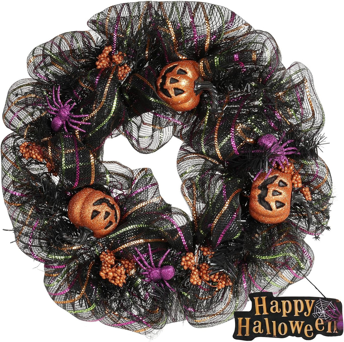 24 inch Wreath, Halloween Wreath for Front Door, Halloween Spider Decor Pumpk...