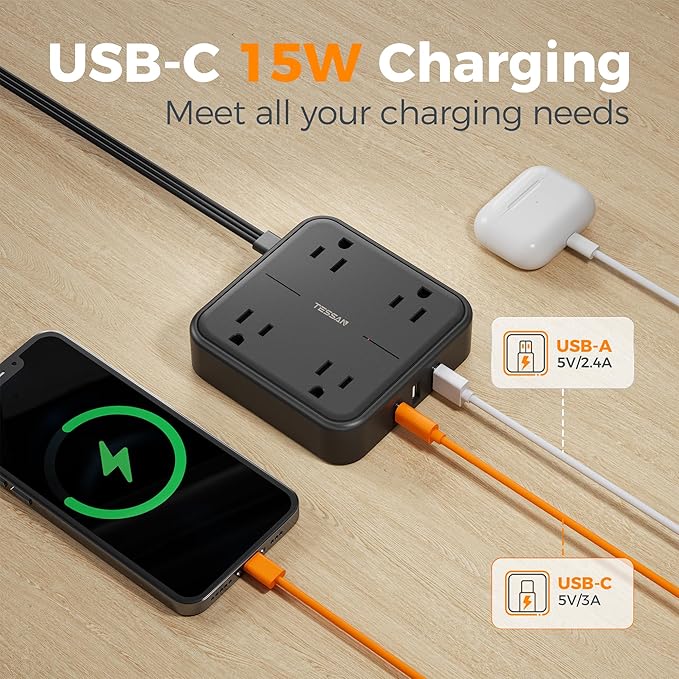 Surge Protector Flat Extension Cord 5FT, TESSAN Flat Plug Power Strip - Image 3