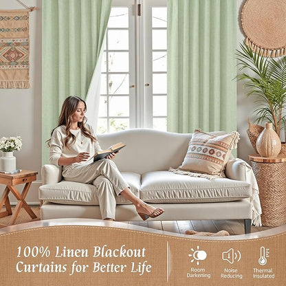 LAMIT 100% Blackout Natural Linen Curtains, 68 Inches Linen Textured Thermal - Image 2
