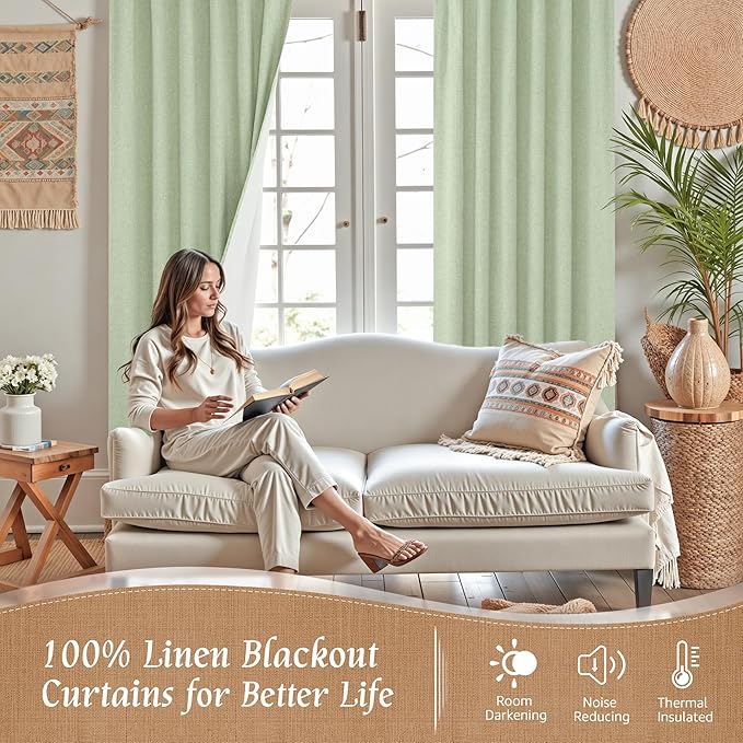LAMIT 100% Blackout Linen Curtains, 80 Inches Linen Textured Thermal Bedroom - Image 2