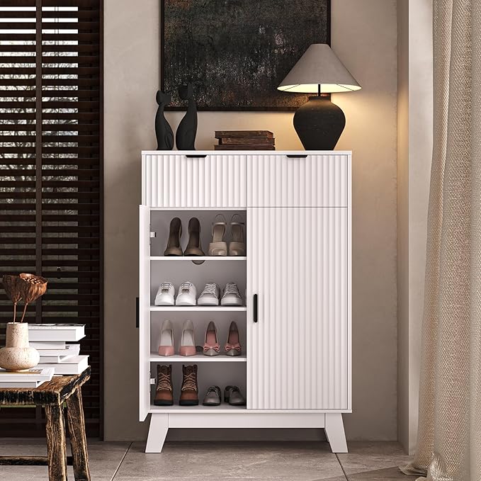 Fluted Shoe Cabinet, 4-Tier Mid Century Modern Narrow Shoe Storage Cabinet - Image 8