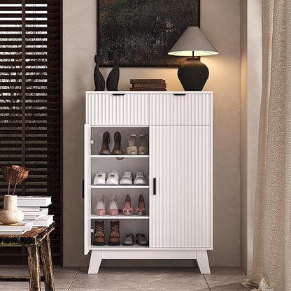 Fluted Shoe Cabinet, 4-Tier Mid Century Modern Narrow Shoe Storage Cabinet - Image 8
