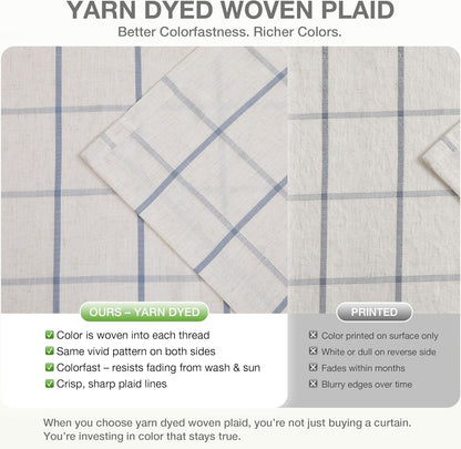 Vision Home Blue Plaid Linen Pinch Pleated Full Blackout Curtains Checkered Thermal Insulated Window Panels 90 inch for Bedroom Living Room Darkening Rustic Pinch Pleat Drapes with Hooks 40" Wx90 Lx2