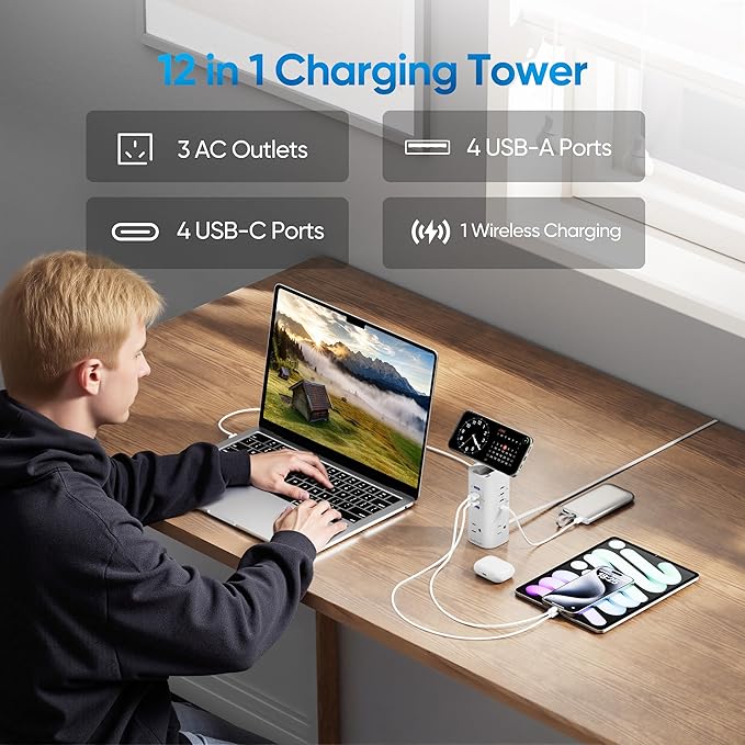 Power Strip Tower Surge Protector, TenTrend Flat Plug Extension Cord - Image 2