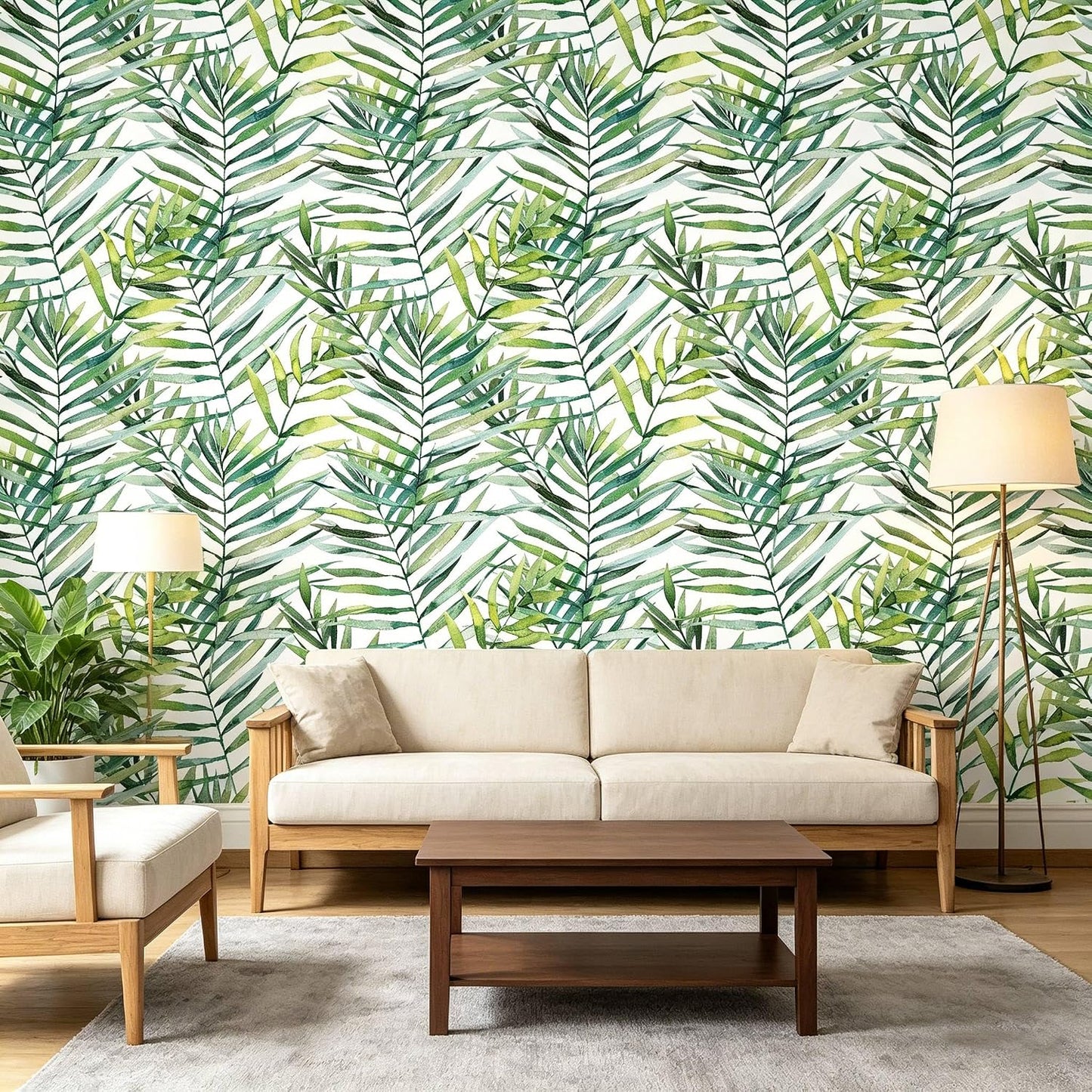 Tropical Watercolor Green Leaf Plants Peel and Stick | self adhesive Wallpaper - 96''x32''