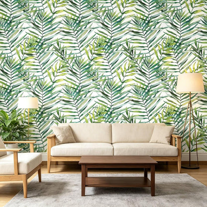 Tropical Watercolor Green Leaf Plants Peel and Stick | self adhesive Wallpaper - 96''x32''