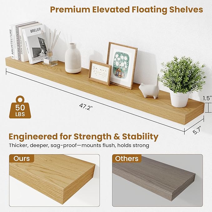 Fun Memories Floating Shelves 48 Inch, Extra Large Wood Shelf Set of 2 - Image 3