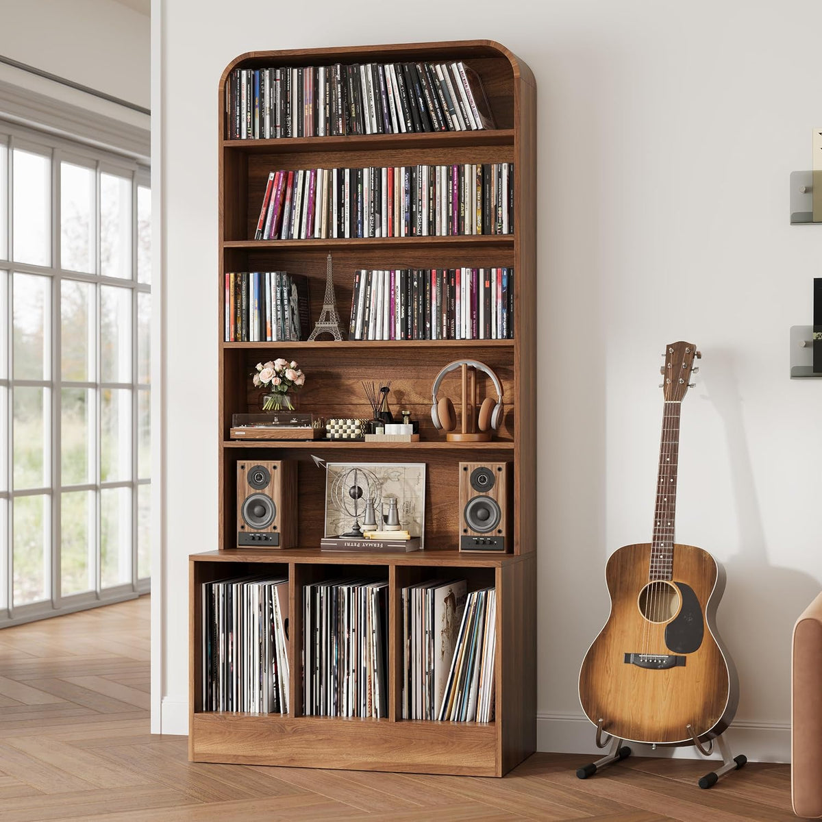 RARZOE 71" Tall Record Player Stand with Vinyl Storage, Walnut