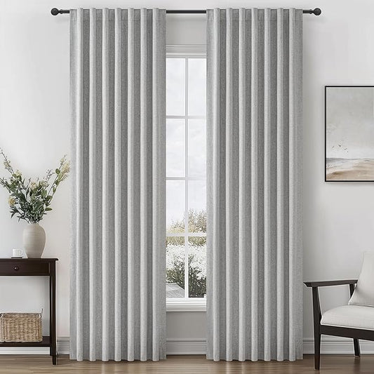 Gray 100% Black Out Linen Curtains 86 Inches Long 2 Panels Set by QJMYDECO