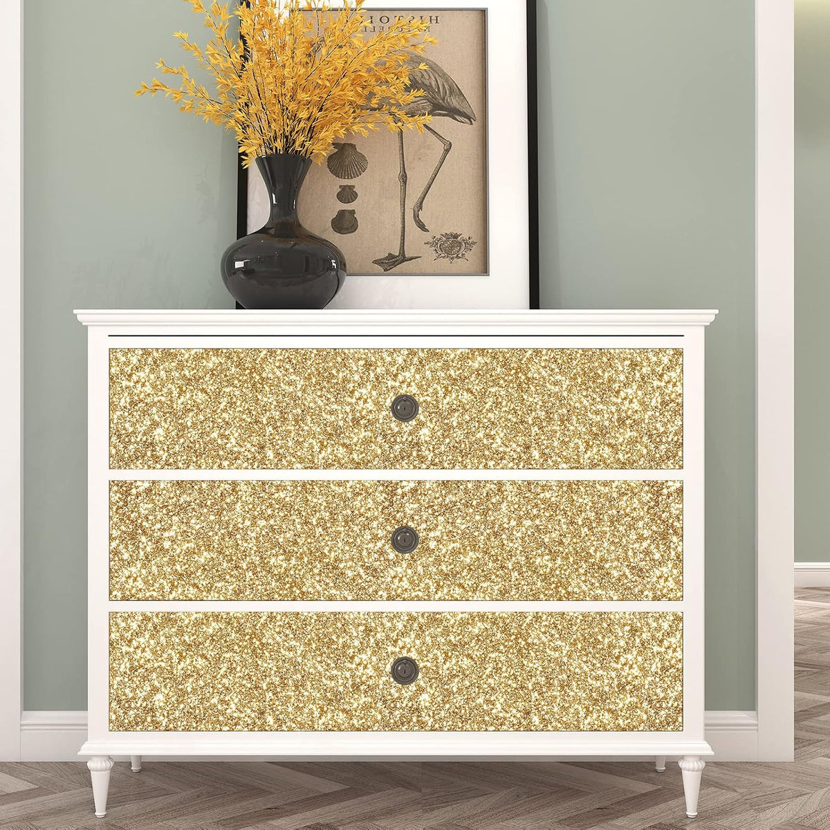 354"x17.7" Glitter Wallpaper Stick and Peel for Bedroom Gold Wallpaper Gold Glitter Wall Paper Removable Wall Covering for Bathroom Sparkle Contact Paper for Cabinets Chunky Sequins Vinyl