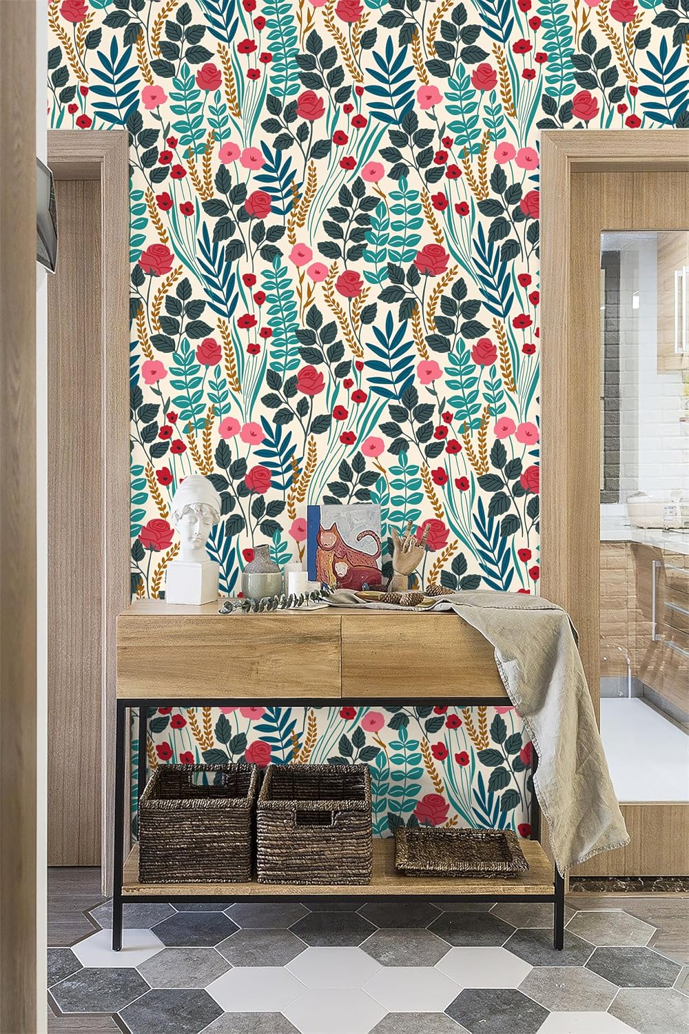 Floralplus Boho Wallpaper Peel and Stick Floral Wallpaper for Bathroom | Removable Renter Friendly Wallpaper Floral Tropical Leaf Contact Paper for Cabinet Home Decor, 17.5 x 118 in