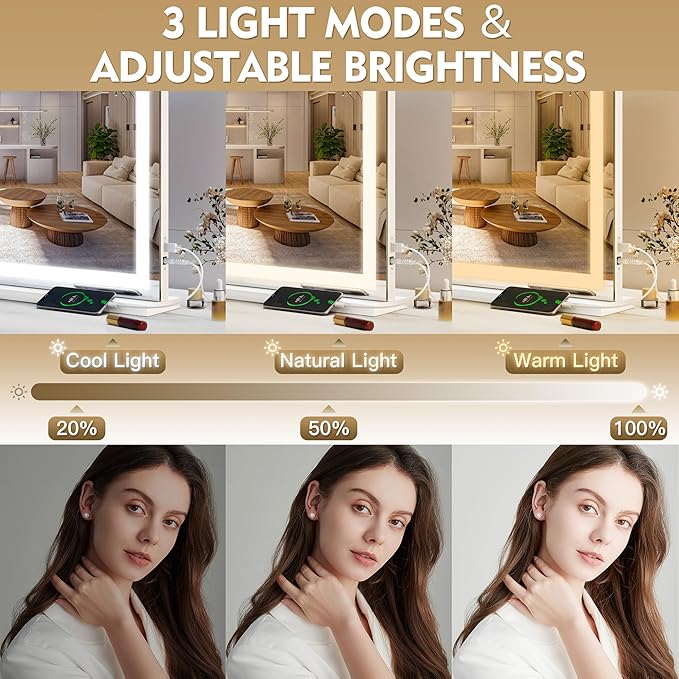 ROLOVE Vanity Mirror with Lights, LED Makeup Mirror, USB Charging Port - Image 3
