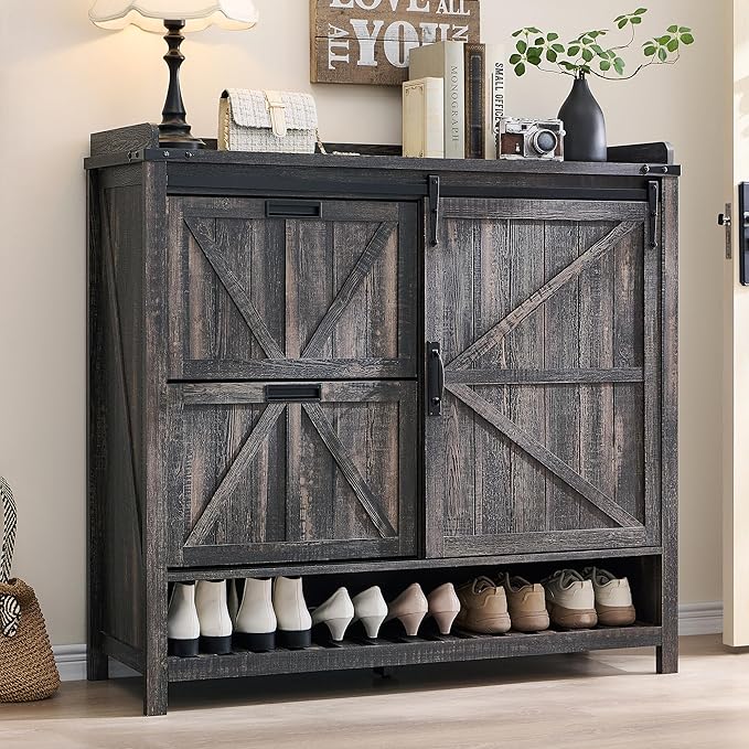 OKD Shoe Storage Cabinet with 2 Flip Drawers & Sliding Door, Farmhouse Entryway by OKD