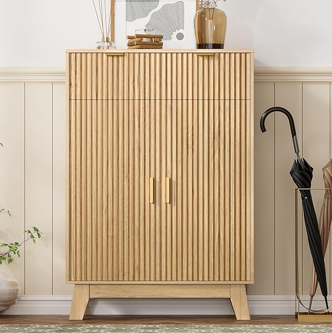 Shoe Cabinet Storage for Entryway, 4 Tier Fluted Shoe Storage Cabinet by HUANLEGO