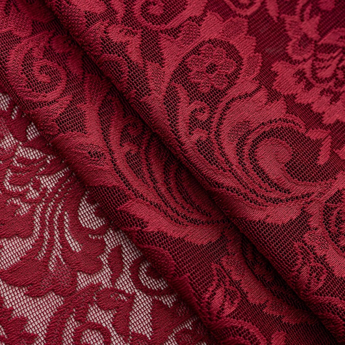 ALIGOGO Burgundy Sheer Curtains 63 Inch Length 2 Panels, Victorian Floral Red Lace Curtains for Bedroom, Embroidered Privacy Rod Pocket Scalloped Burgundy Home Décor, 52W x 63L Inch, Dark Red