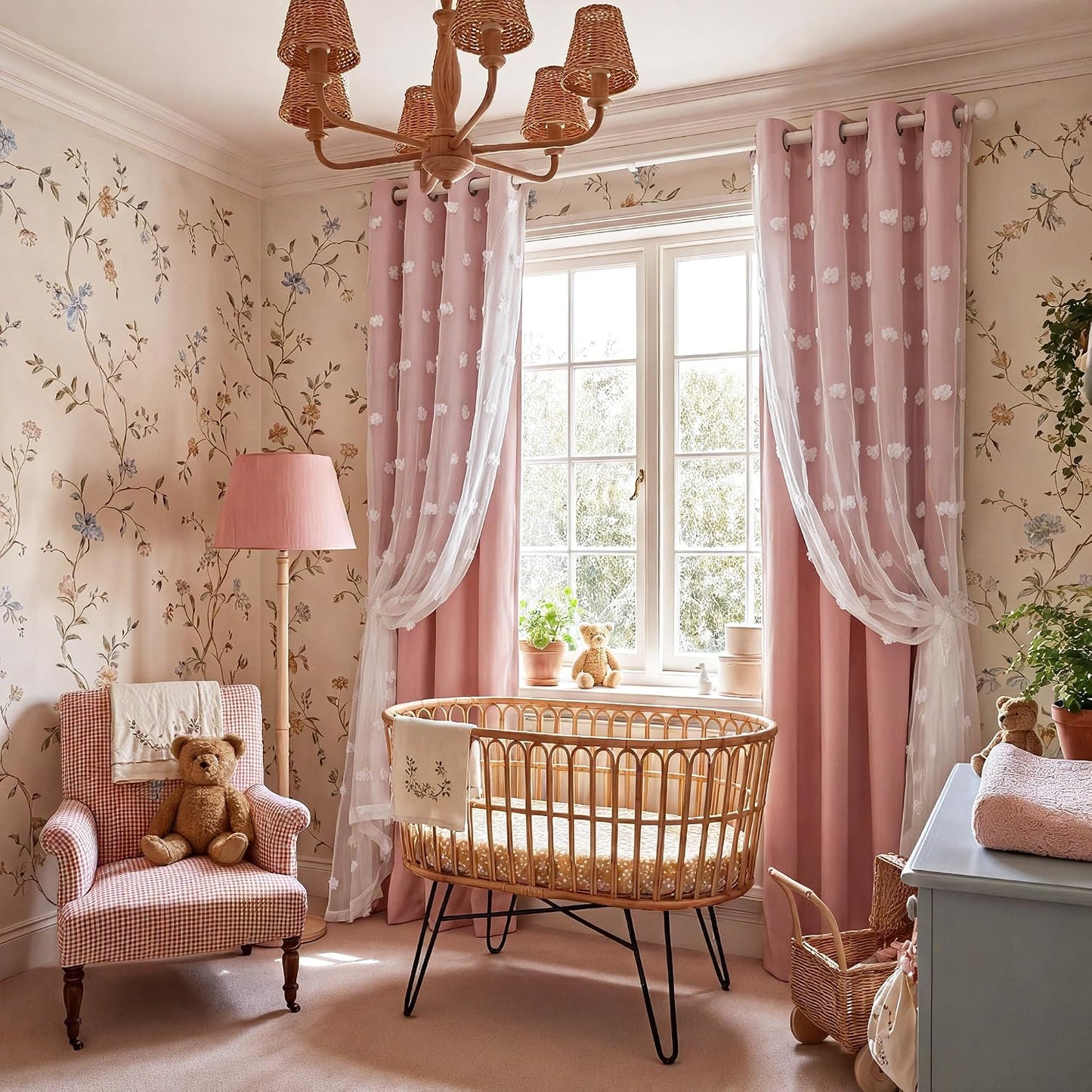 RYB HOME Pink Pom Pom Curtains for Girls Bedroom Nursery, Room Darkening | Double Layer, Thermal Insulated, For Girls Kids Bedroom Nursery, With 2 Bow Tie Backs, Shabby Chic, W52 x L84,2 Panels