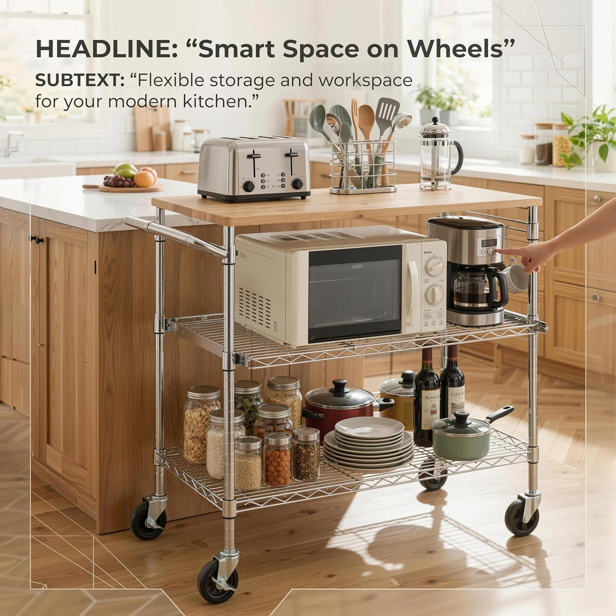 Finnhomy 3-Tier Rolling Kitchen Cart with 18" D x 36" W Oak Wood Ta...