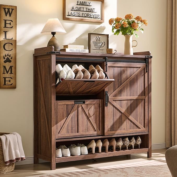 OKD Shoe Storage Cabinet with 2 Flip Drawers & Sliding Door, Farmhouse Entryway - Image 3