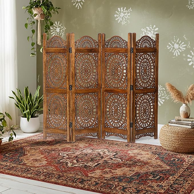 Lightnpro Wood Heart Design Handmade Hinged Foldable Partition 4 Panel Room - Image 3
