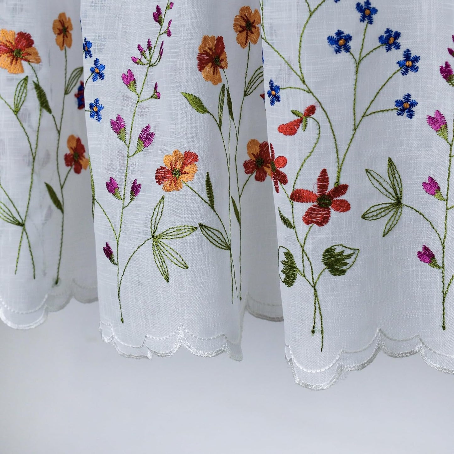 027 2 Pack Floral Embroidery Pastoral Style Valance, White Sheer Flowers Valances,Window Treatment for Kitchen,W60XL18 inch (Wild Flower)