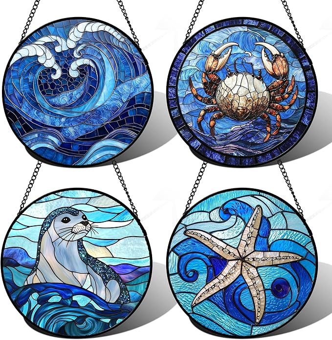DASTOLL Stained Glass Window Hanging 4 Pcs Set Blue Ocean Waves 7.8" by DASTOLL