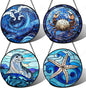 DASTOLL Stained Glass Window Hanging 4 Pcs Set Blue Ocean Waves 7.8" by DASTOLL