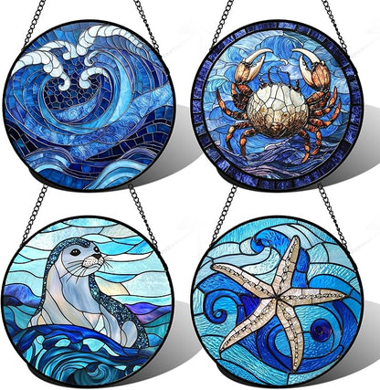 DASTOLL Stained Glass Window Hanging 4 Pcs Set Blue Ocean Waves Large 15" by DASTOLL