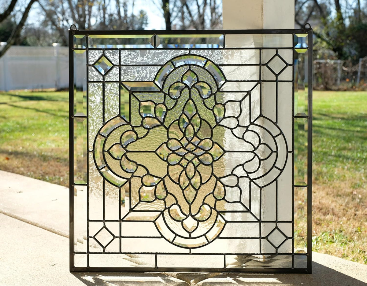Stunning All Clear Stained Glass and Beveled Window Panel, 24"x 24"