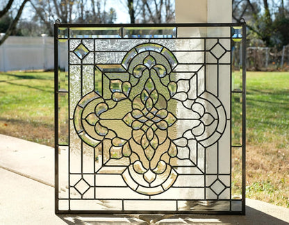 Stunning All Clear Stained Glass and Beveled Window Panel, 24"x 24"
