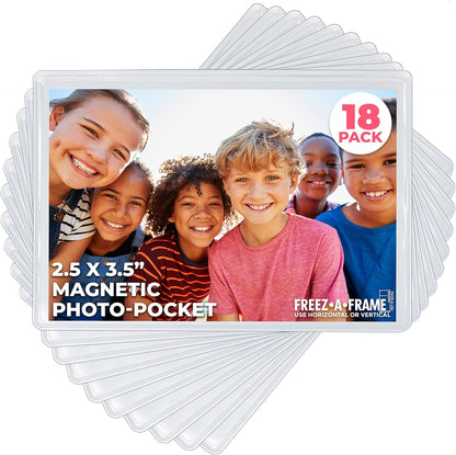 Freez A Frame Clear Magnetic Picture Frame Pockets For Refrigerator School Locker, or any Magnetic Surface 18 Pack Holds 2.5” x 3.5” Photos (2.5 x 3.5)