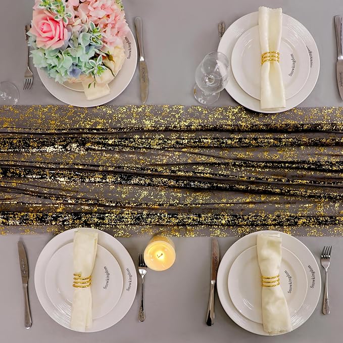 Snowkingdom 6 Pcs Black & Gold Cheesecloth Table Runner 10 FT, Sheer Chif...