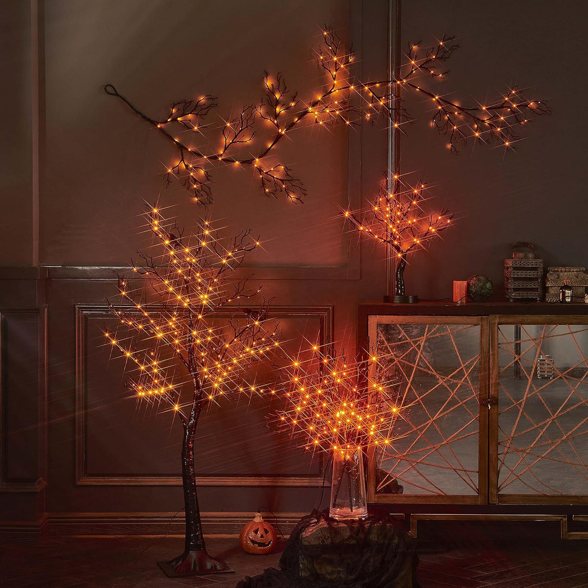 Hairui Lighted Halloween Tree with 150 Orange Fairy Lights 4FT, Spooky Black ...