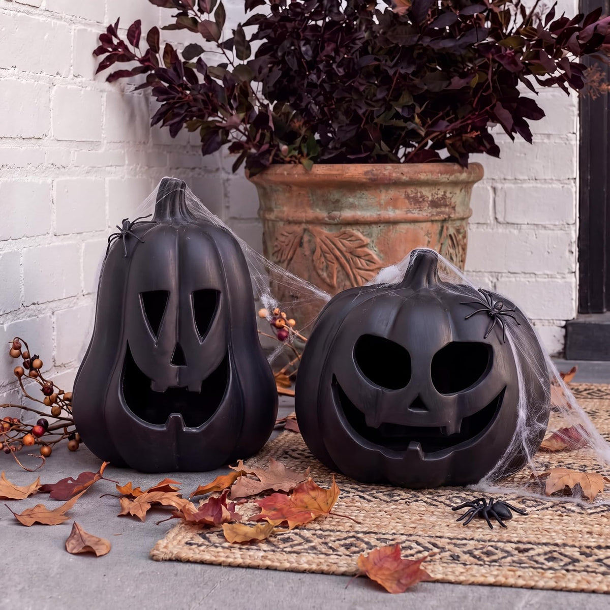 Tioncy Halloween Decor Terracotta Jack O Lantern Pumpkin Decor,Black