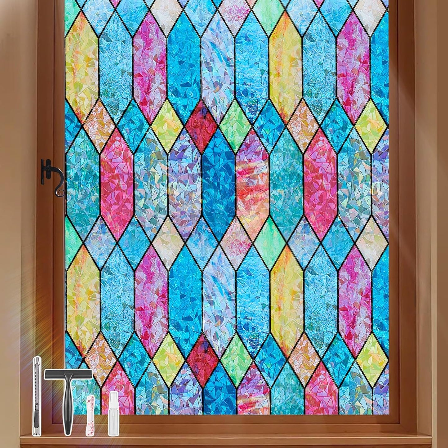 Kromapolis Window Privacy Film Stained Glass Lattice Sticker 17.5″ x 78.7″ | Rainbow Static Window Cling, Removable No Glue, UV Heat Blocking Color Decal for Bathroom Living Room Office