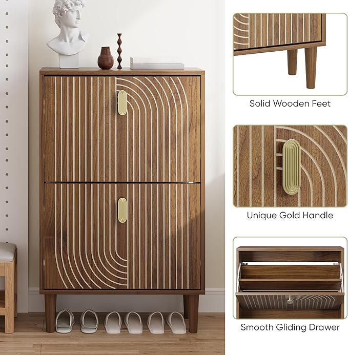 Smuxee Shoe Cabinet with 2 Flip Drawers, 23.6" Walnut Hidden Shoe Storage - Image 5