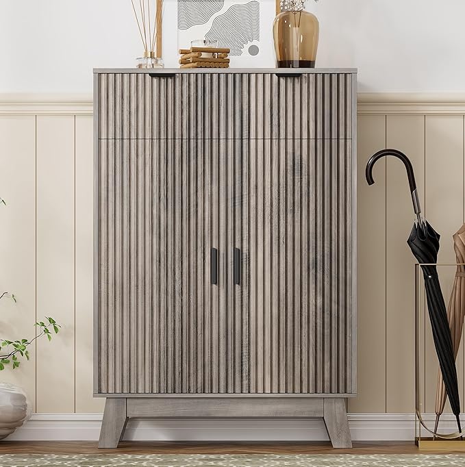 Shoe Cabinet Storage for Entryway, 4 Tier Fluted Shoe Storage Cabinet by HUANLEGO