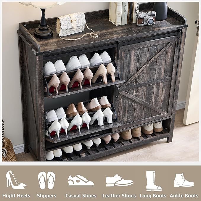 OKD Shoe Storage Cabinet with 2 Flip Drawers & Sliding Door, Farmhouse Entryway - Image 4