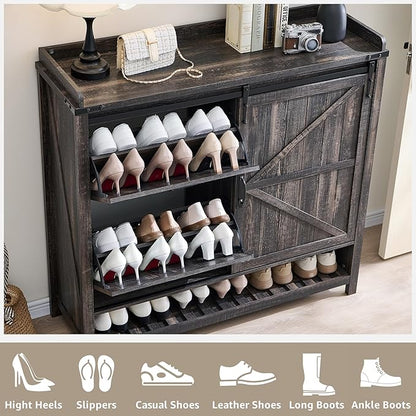 OKD Shoe Storage Cabinet with 2 Flip Drawers & Sliding Door, Farmhouse Entryway - Image 4