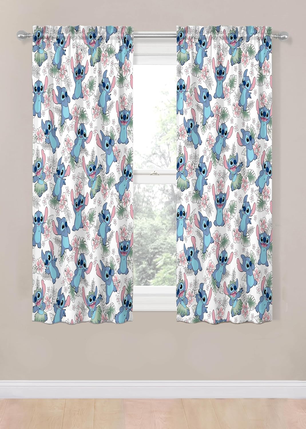 Jay Franco Window Curtains for Kids Bedroom 4-Piece Drape Set with 2 Tiebacks, Multi - Lilo & Stitch, 42" W x 63" L (Pack of 2)