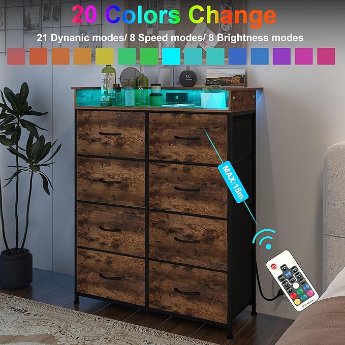 Tall Dresser for Bedroom with Charge Station 8 Drawers Dresser with LED Lights - Image 3