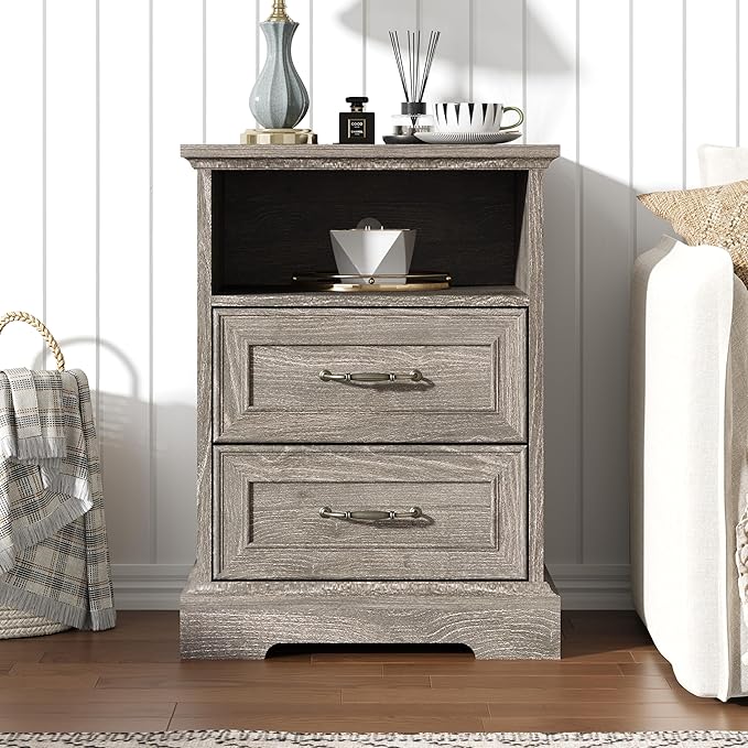 Nightstand with Charging Station, Rustic Farmhouse Wood Small Dresser, Bedside - Image 3