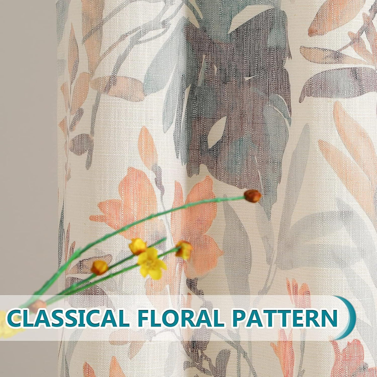MYSKY HOME 102 inch Long Floral Curtains for Living Room Bedroom Curtains Light Filtering Window Grommet Drapes for Dining Room, 52x102 Inch, Coral and Natural, Set of 2