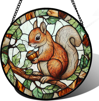 DASTOLL Stained Glass Window Hanging, Squirrel on a Branch Suncatcher Diamond Glass Panel Animal Sun Catchers Decor for Birthday for Women, Men, Wife, Aunt, and Mom 14.9x14.9 in