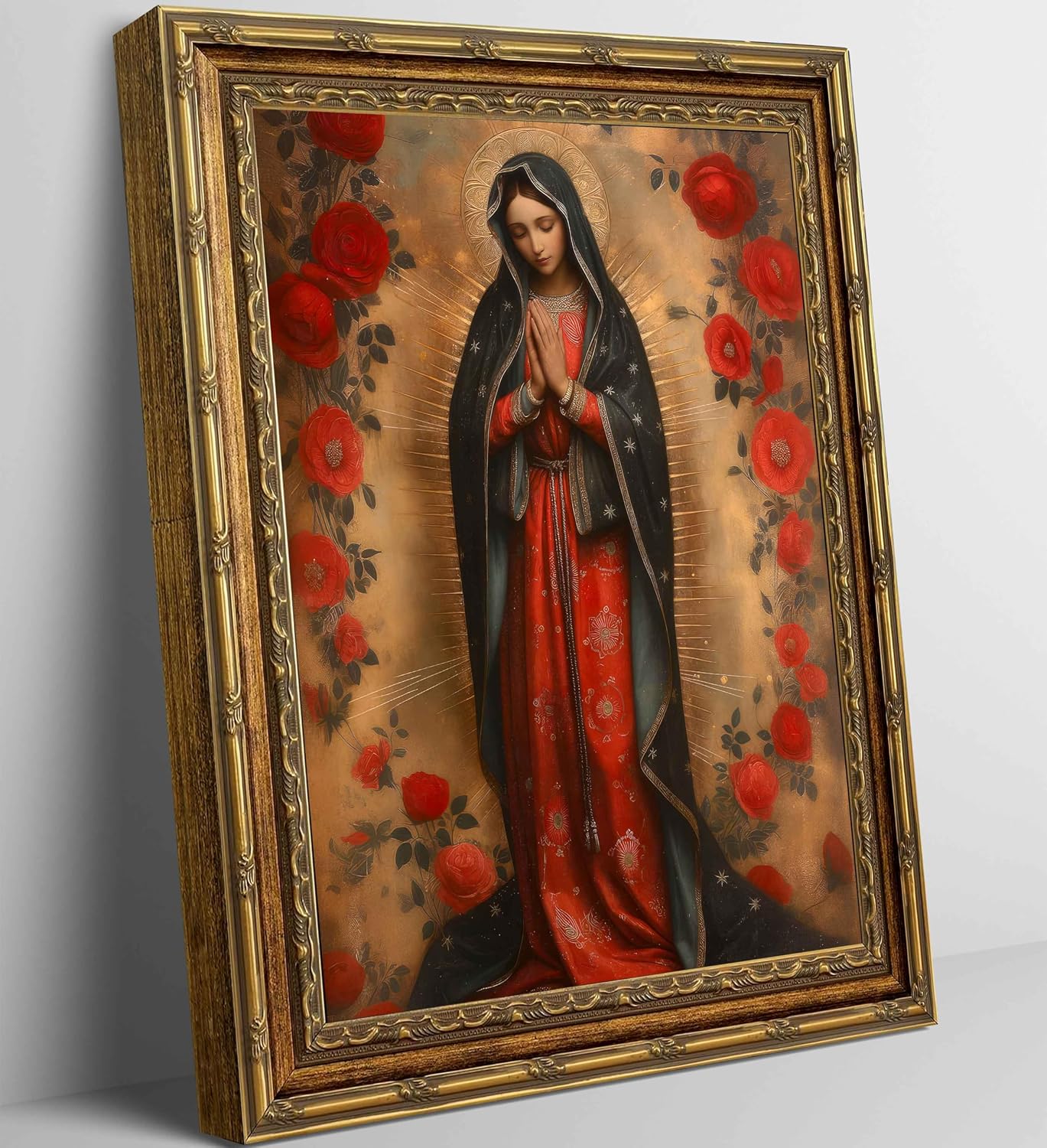 SQHVFXWR Golden Frame Our Lady of Guadalupe Canvas Wall Art with Religious Virgin Mary Painting Decor for Home Church Office - Red Rose & Halo Blessed Virgin Artwork16x24in