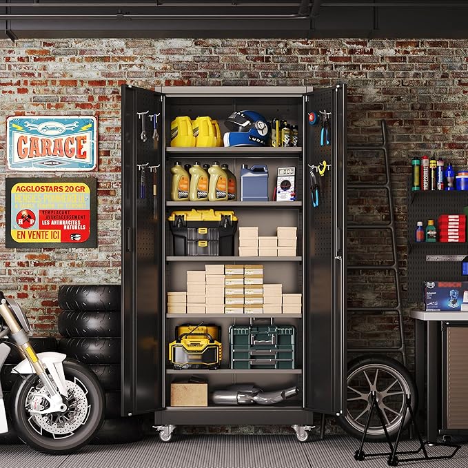 Garage Storage Cabinet with 5 Adjustable Shelves and Door Pegboard, Metal - Image 2