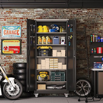 Garage Storage Cabinet with 5 Adjustable Shelves and Door Pegboard, Metal - Image 2