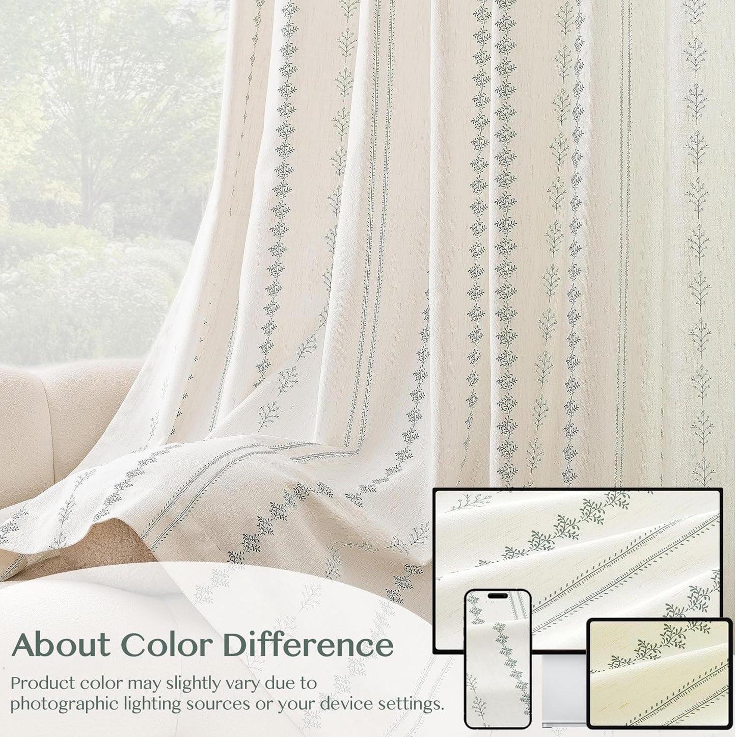 Pinch Pleated Sage Green Floral Block Print Curtains 84 Inches Long, Vintage Boho Linen Blend Drapes for Bedroom Living Room, 2 Panels Set