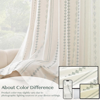 Pinch Pleated Sage Green Floral Block Print Curtains 84 Inches Long, Vintage Boho Linen Blend Drapes for Bedroom Living Room, 2 Panels Set