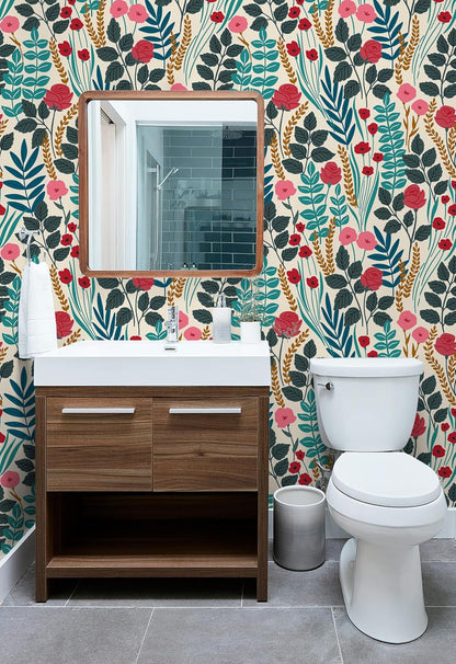 Floralplus Boho Wallpaper Peel and Stick Floral Wallpaper for Bathroom | Removable Renter Friendly Wallpaper Floral Tropical Leaf Contact Paper for Cabinet Home Decor, 17.5 x 118 in
